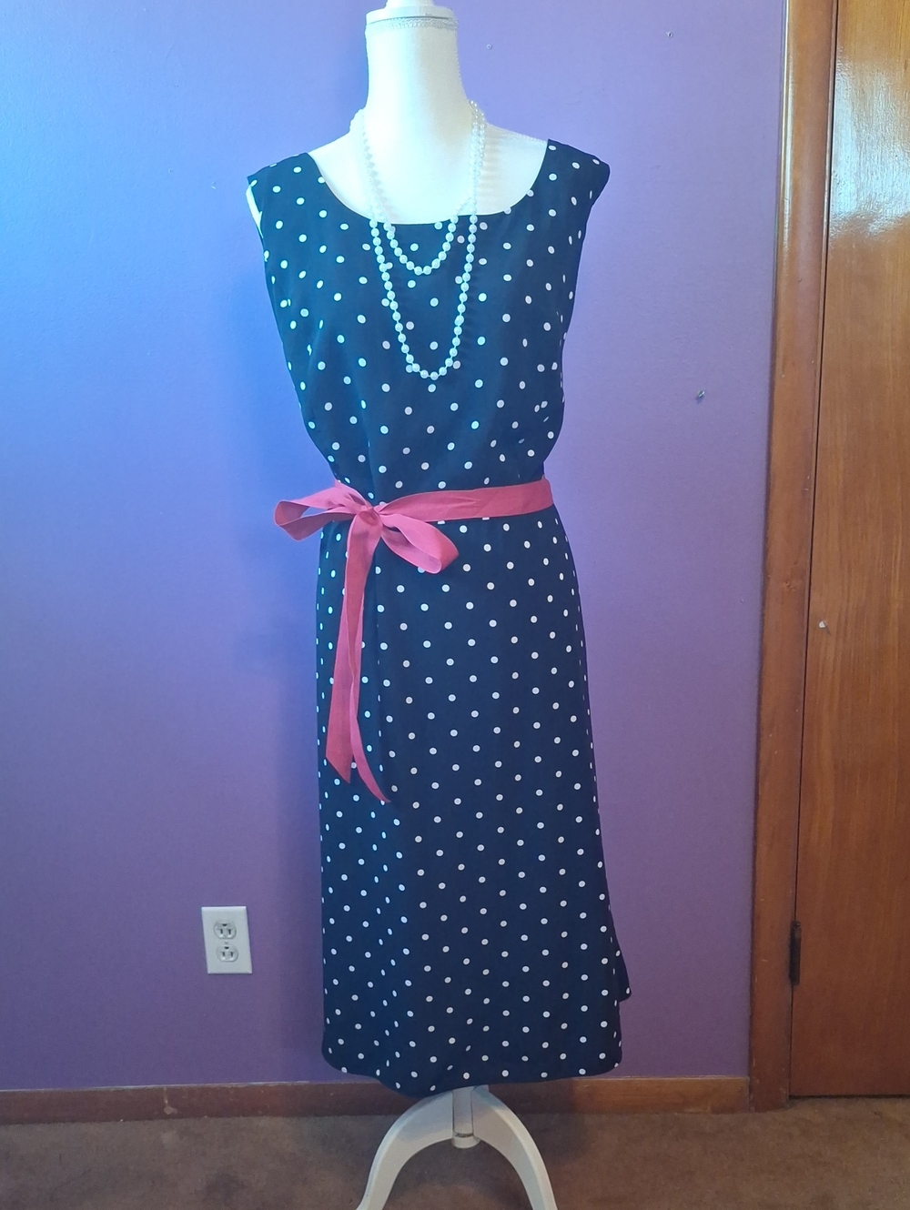 Studio I Black Polka Dot Midi Dress with Pink Belt